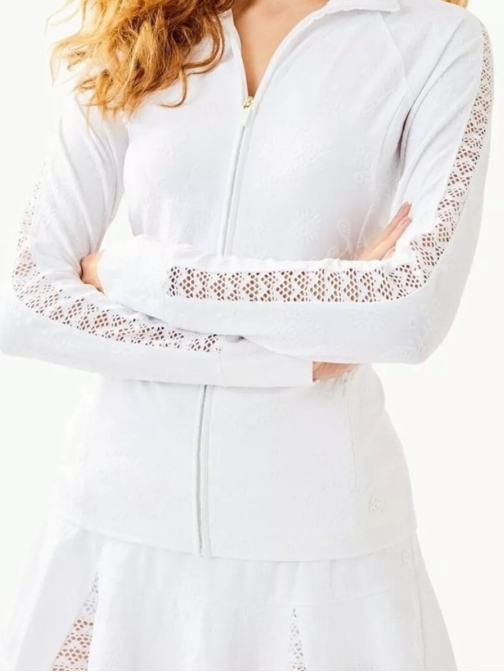 NWT Lilly Pulitzer CONNELLY TENNIS Luxletic Jacket RESORT WHITE Lace Sleeve MED